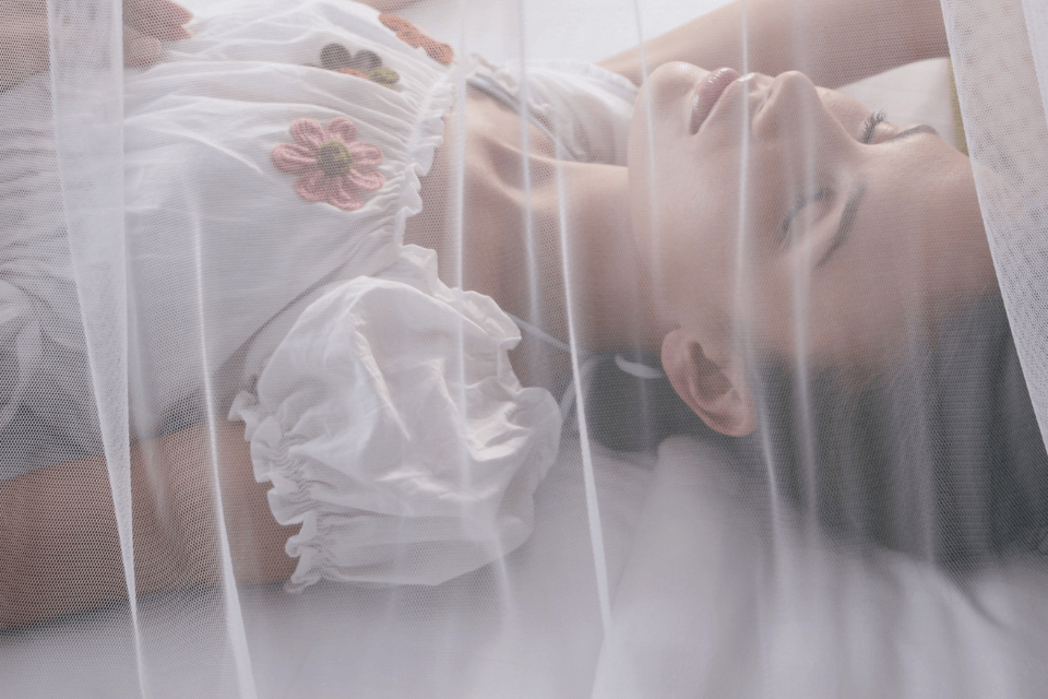 A woman sleeps under a mosquito net