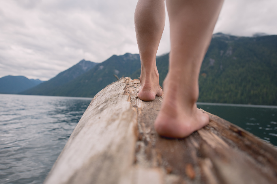 A person walks a wooden plank over a lake